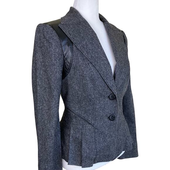 Bebe Sz XS Y2K Wool Silk Blend Tweed Blazer Fitted Feminine Leather Panels Sexy - Picture 5 of 16